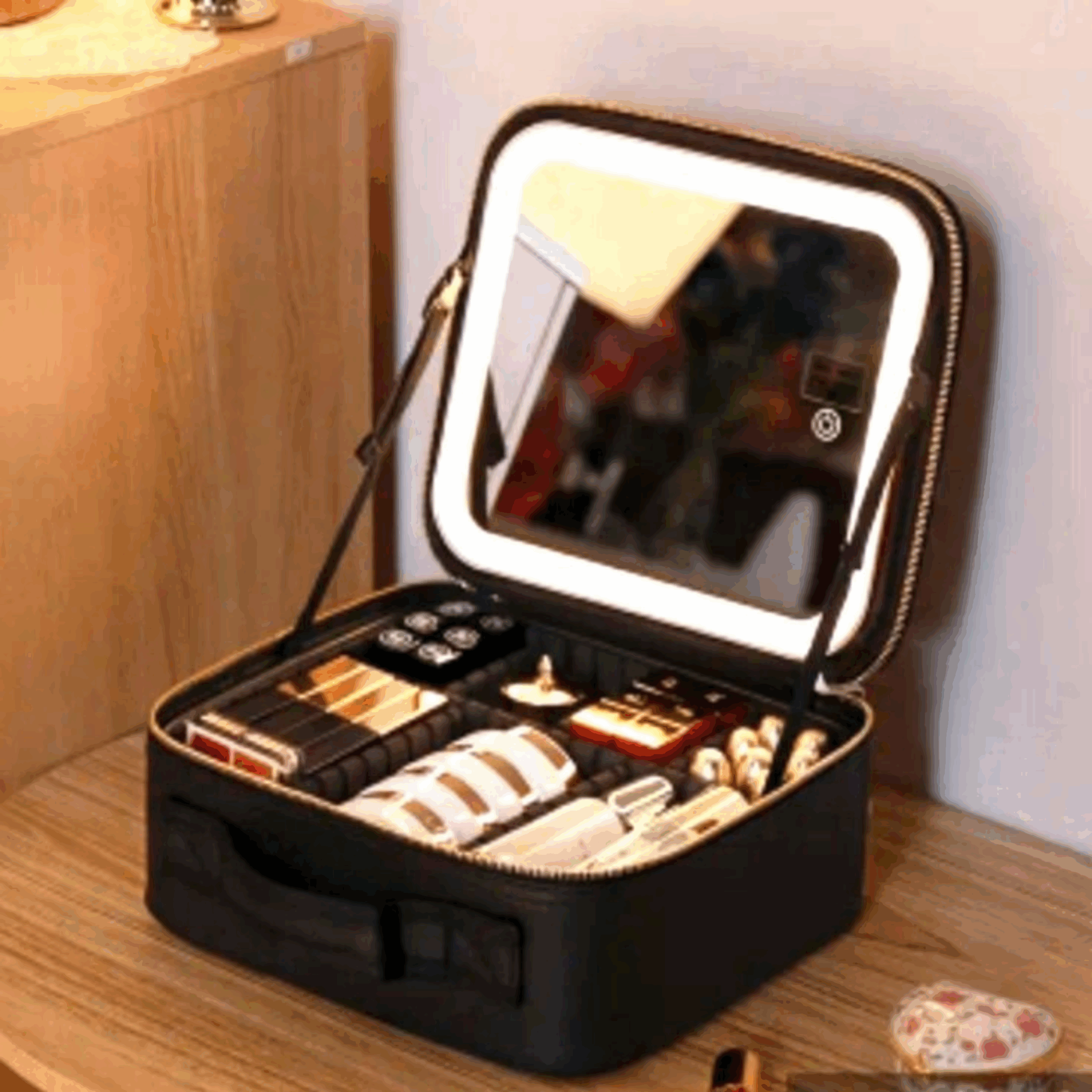 Maletín Bolso Maquillaje Con Espejo Led Negro